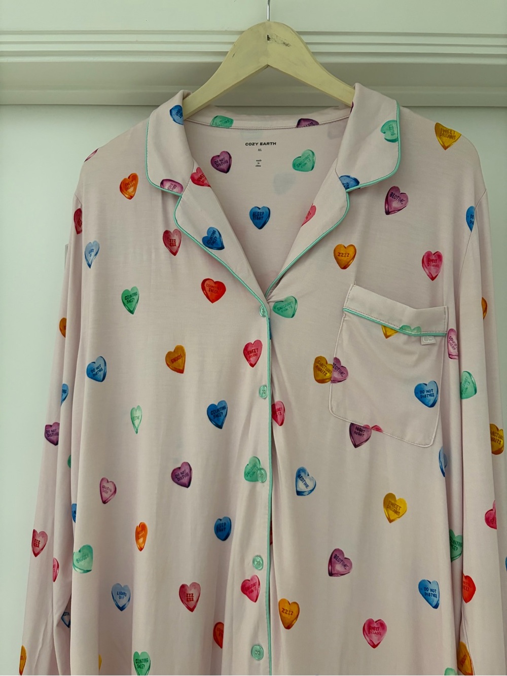 NWT Cozy Earth Women's Bamboo Pink Conversation Heart Long Sleeve Pajama Top XL